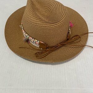 Stylish Tan Woven Hat with Colorful Band